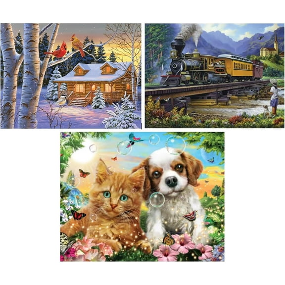 Bits and Pieces Value Set of 3 Large Piece Jigsaw Puzzles for Seniors – 16 Pc Extra Large Dementia Puzzles – Winter Cabin, Train, Kitten & Puppy – Alzheimer’s Activity – 10" x 13"