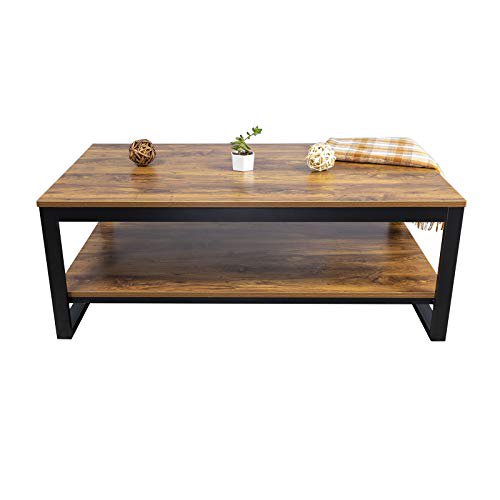 DIMAR garden Coffee Table for Living Room Furniture Set, Wood and Metal Frame Modern Industrial Office Table with Storage Shelf Brown