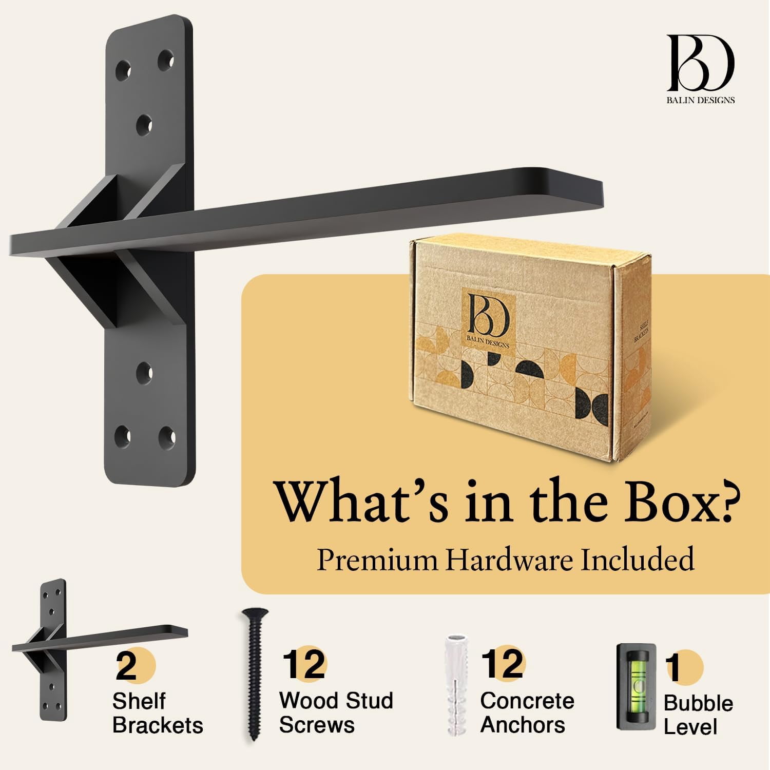14" Black Countertop T Invisible Shelf Bracket by Balin Designs - Free Hanging Wall Brackets for Kitchen & Bathroom - Heavy Duty Floating Vanity Support for Shelves & Granite Countertops (pack of 2)