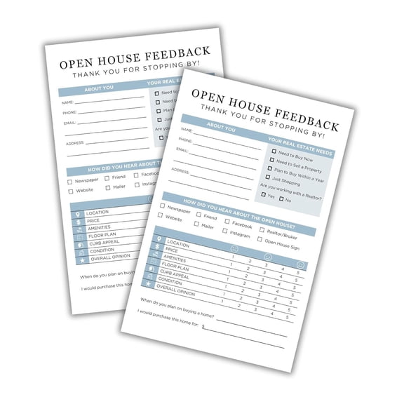 Realtor Open House Feedback Form  75 pk 5.5 x 8.5 Flier Client Sign in Sheet Real Estate Agent Home Anniversary Marketing Door Cards