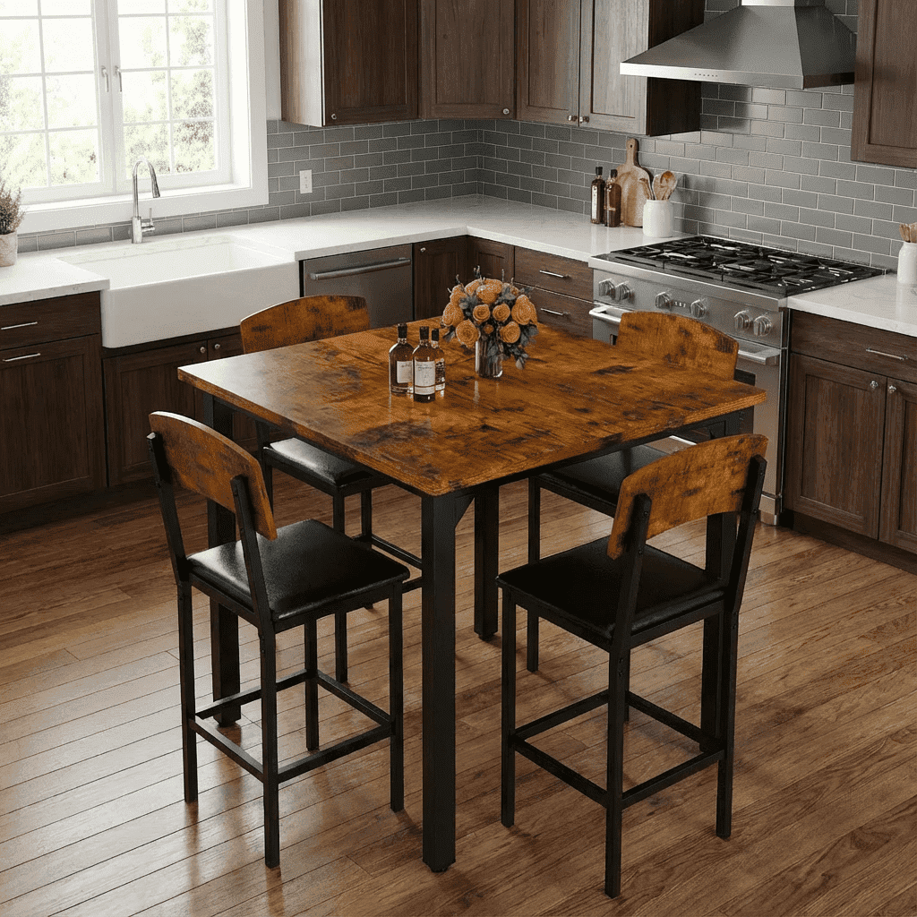 BAXLUXE 5 Piece Dining Table Set High Top Wood Dining Table Set for 4 Counter Height Small Kitchen Table With 4 PU Leather Upholstered Chairs,Small Dining Set for Bar Dining Room Breakfast
