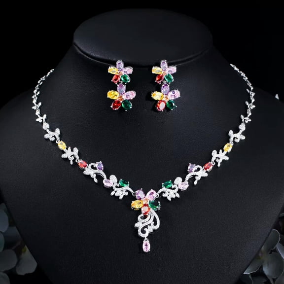 Silver Plated Multicolor CZ Flower Necklace Earring Set Women Engagement Jewelry