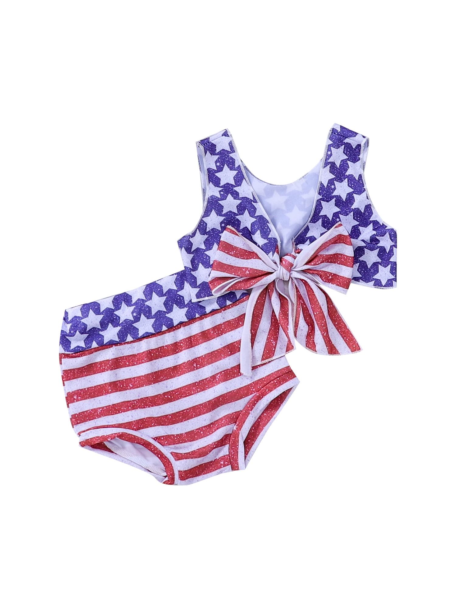 Kids Baby Girls Halter Bathing Suit USA Flag Striped Star Print Beach Bikini Swimsuit Headband 2Pcs Sets 
