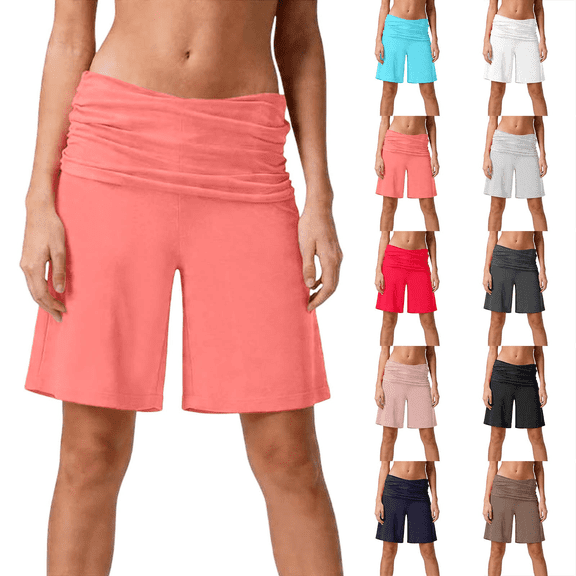 Coral Shorts Women Summer Yoga Shorts Pull On Athletic Shorts Knee Length Lightweight Solid High Waisted Stretch Long Shorts Walking Casual Running Shorts