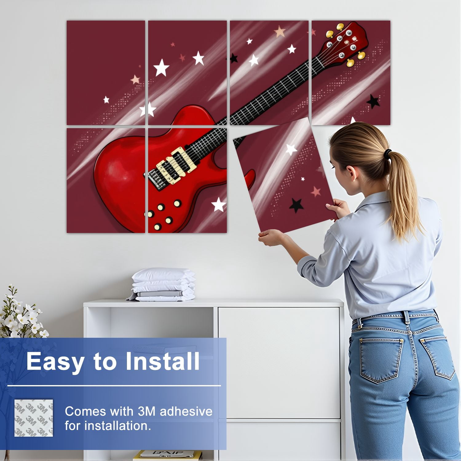 Musical 8 Pack Art Acoustic Panels Sound Absorbing Red Electric Guitar Stars Dynamic Light Streaks Decorative Soundproof Wall Panels Self Adhesive for Nursery Game Room Music Classroom 48"x32"