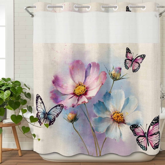 No Hook Shower Curtain with Snap in Fabric Liner Set-Vintage White Pink Flowers Bathroom Curtains with See Through Mesh Top Window,Country Butterflies Floral Art Waterproof Shower Curtain 72x72In