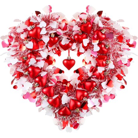 Valentines Wreath for Front Door Valentines Heart Shaped Tinsel Garland Hanging Heart Wreath Decor for Home Birthday Wedding Party Decoration Supplies(Red White Rose Red)