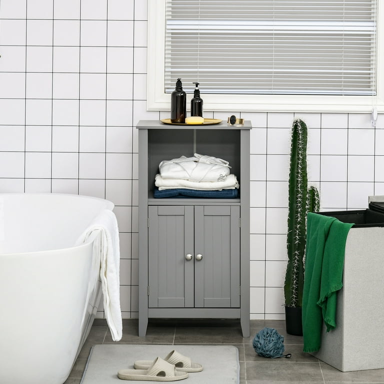kleankin Grey Modern Bathroom Cabinet, Bathroom Storage Organizer with Double Glass Doors and Adjustable Shelf, Gray