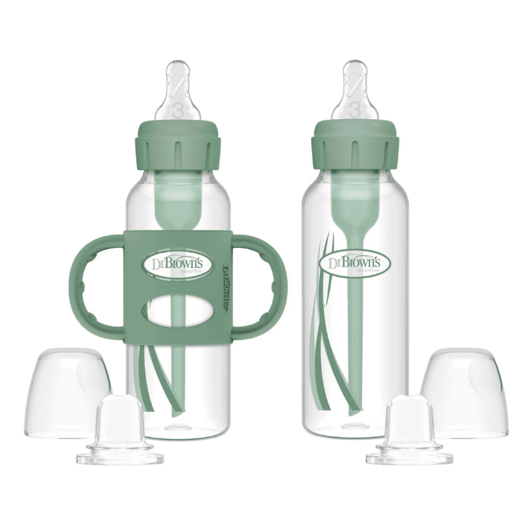 Anti Colic Narrow Bottle to Sippy Starter Gift Set, 2 Pack, BPA Free Baby Feeding Bottles with Silicone Nipples, Green, Infant Transition Training Cups