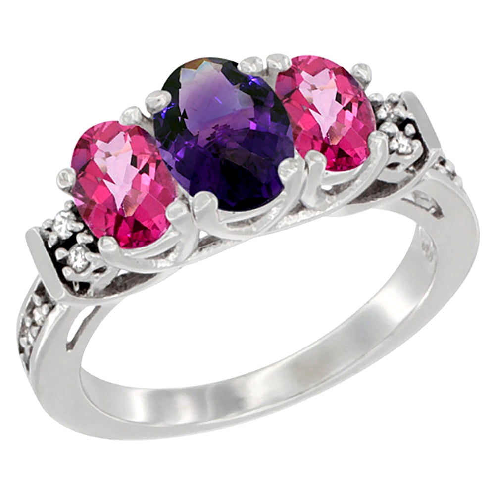 10K White Gold Natural Amethyst & Pink Topaz Ring 3-Stone Oval Diamond Accent, sizes 5-10 by WorldJewels