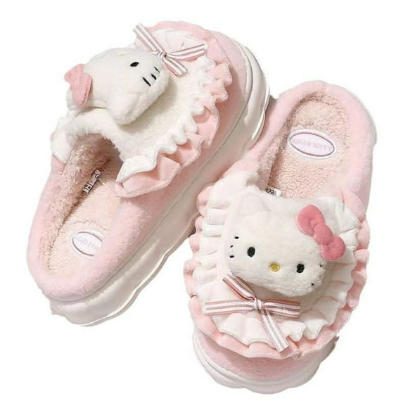 Women's Plush Fleece Lined Slippers - Non-Slip Platform Sole, Open Heel Design, Hello Kitty Pattern, Size 38-39 (Fits 37-38), Cozy Winter Indoor/Outdoor Footwear with Soft Furry Lining & Enhanced
