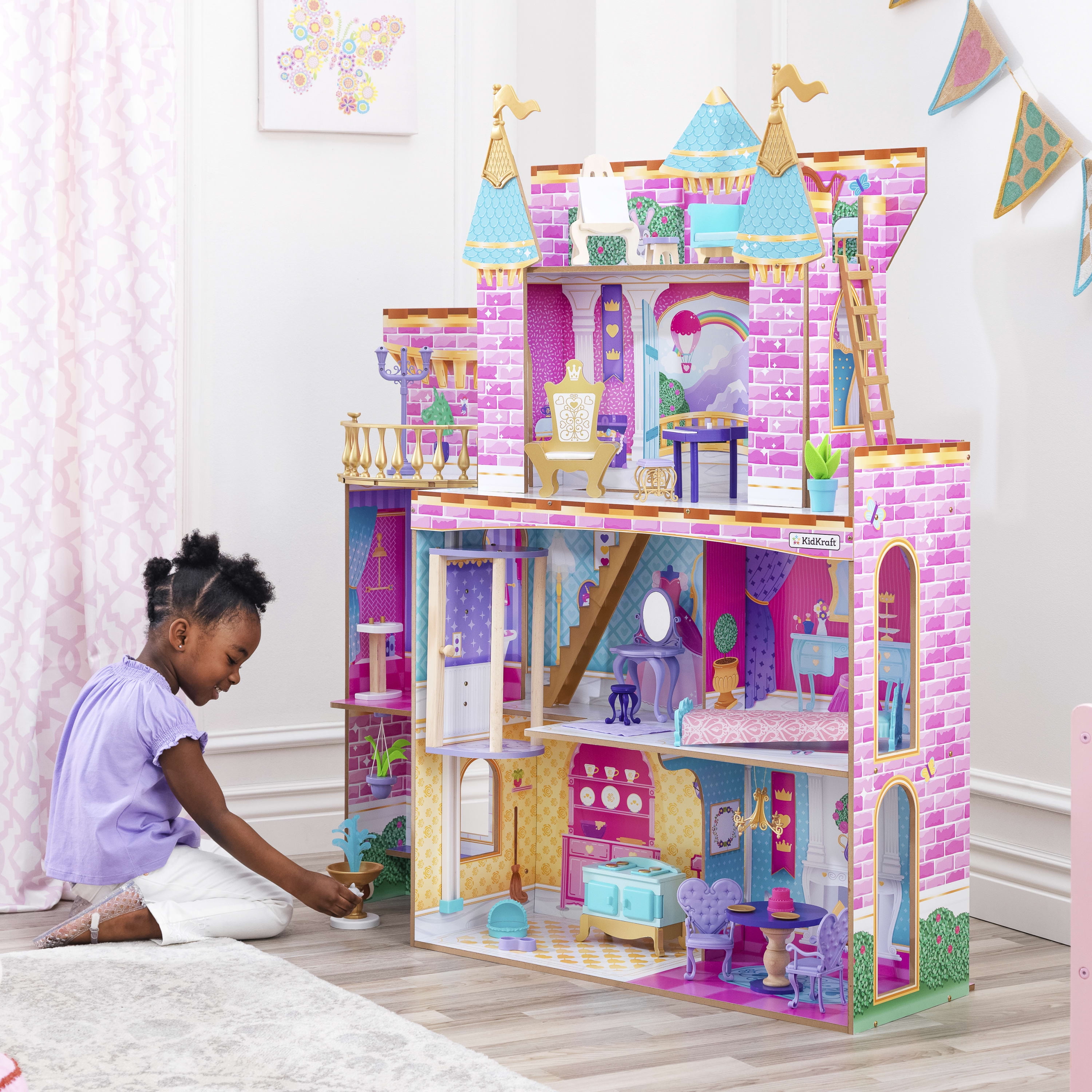 KidKraft Princess Party Castle Wooden Dollhouse, Over 4 Feet Tall, Lights,  Sounds and 30 Pieces 