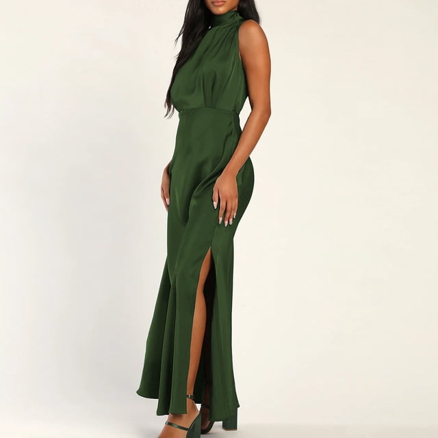 Faldas largas Vestido largo de satén con cuello simulado para mujer, vestido para ocasiones formales, abertura lateral, elegante Cgtredaw Verde oscuro T M para Mujer