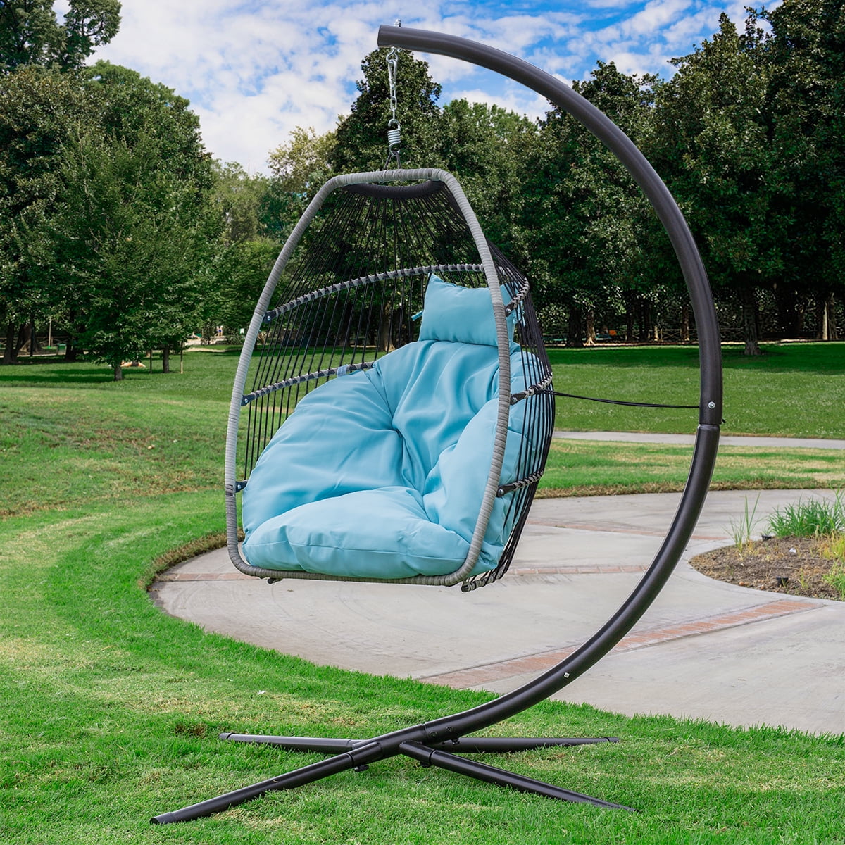 Garden Swing Egg Chair with Dark Grey Cushion and Aluminum Frame for The Patio Dark Grey Living Room. Bellemave Wicker Hanging Egg Chair