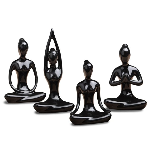 Lote de 4 estatuas de meditación y yoga, figuras de cerámica, decoración de figuras de yoga, color negro, que son hermosas y son una excelente decoración para el hogar.
