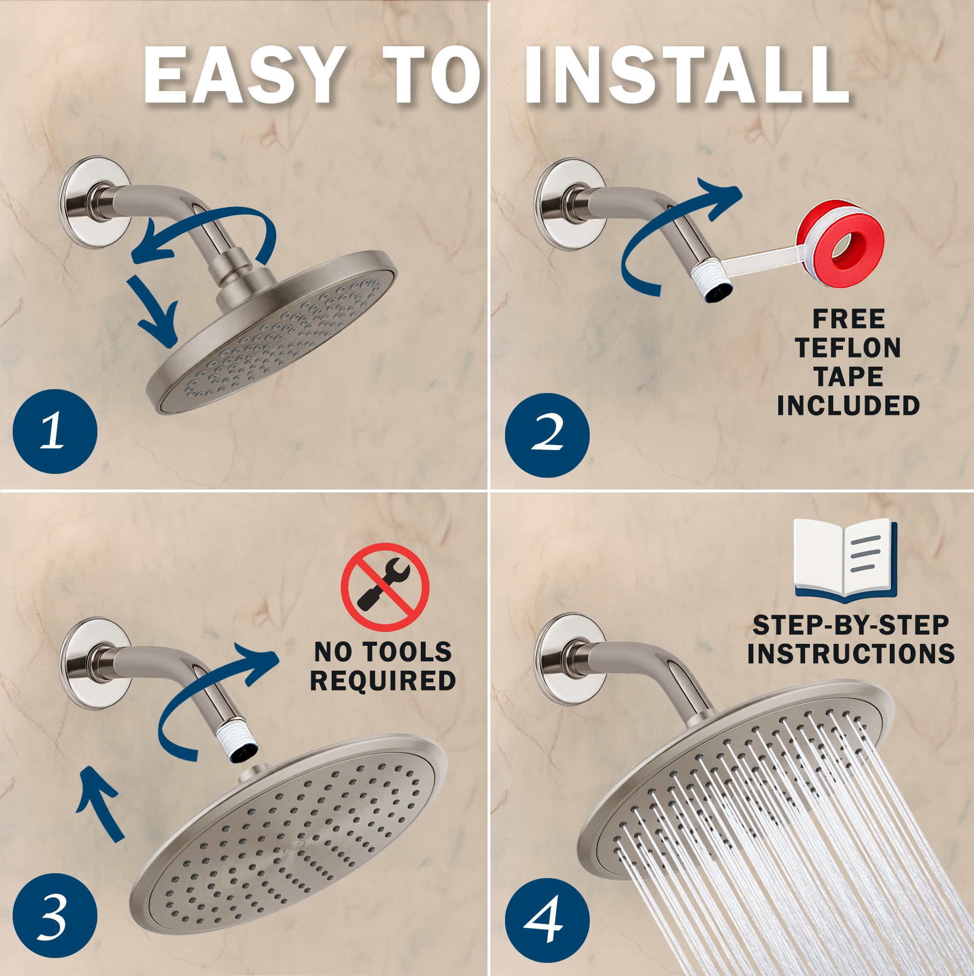 Aqua Elegante Waterfall Shower Head for High Flow Rain Showers - 1.8 GPM - Brushed Nickel