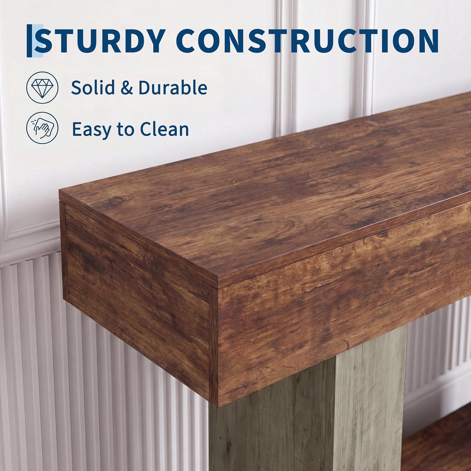 55” Entryway Table with Charging Station & LED Light, Narrow Sofa Table for Hallway Living Room, Modern Farmhouse Console Table with Storage Shelf, Brown and Gray