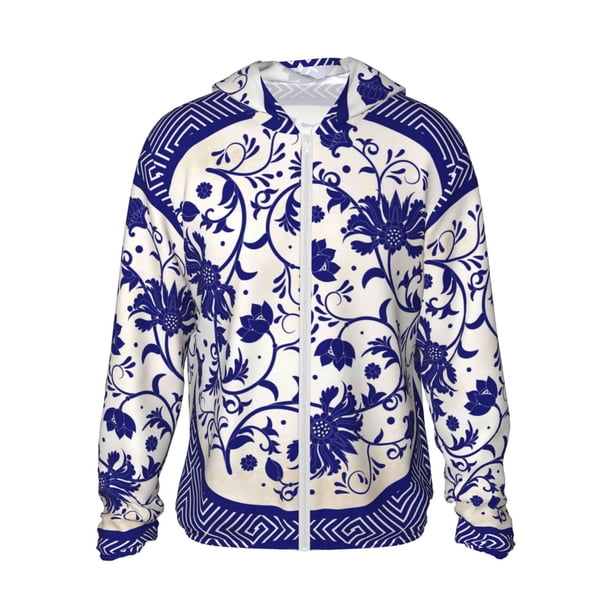 Fotbe Blue And White Porcelain Pattern Chaqueta con Protección Solar UPF 50+ para Hombre y Mujer, Camisa con Capucha y Bolsillos-Small