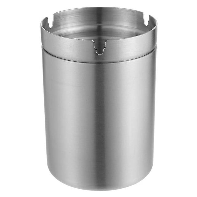1 cenicero con embudo para dormitorio color acero, cilindro de acero inoxidable cepillado 10.6x7.6x7.6 cm, vista frontal con borde superior desmontable y ranuras para colillas; compacto para almacenar cenizas y decorar habitación; también suele usarse como recipiente pequeño para monedas o llaves.