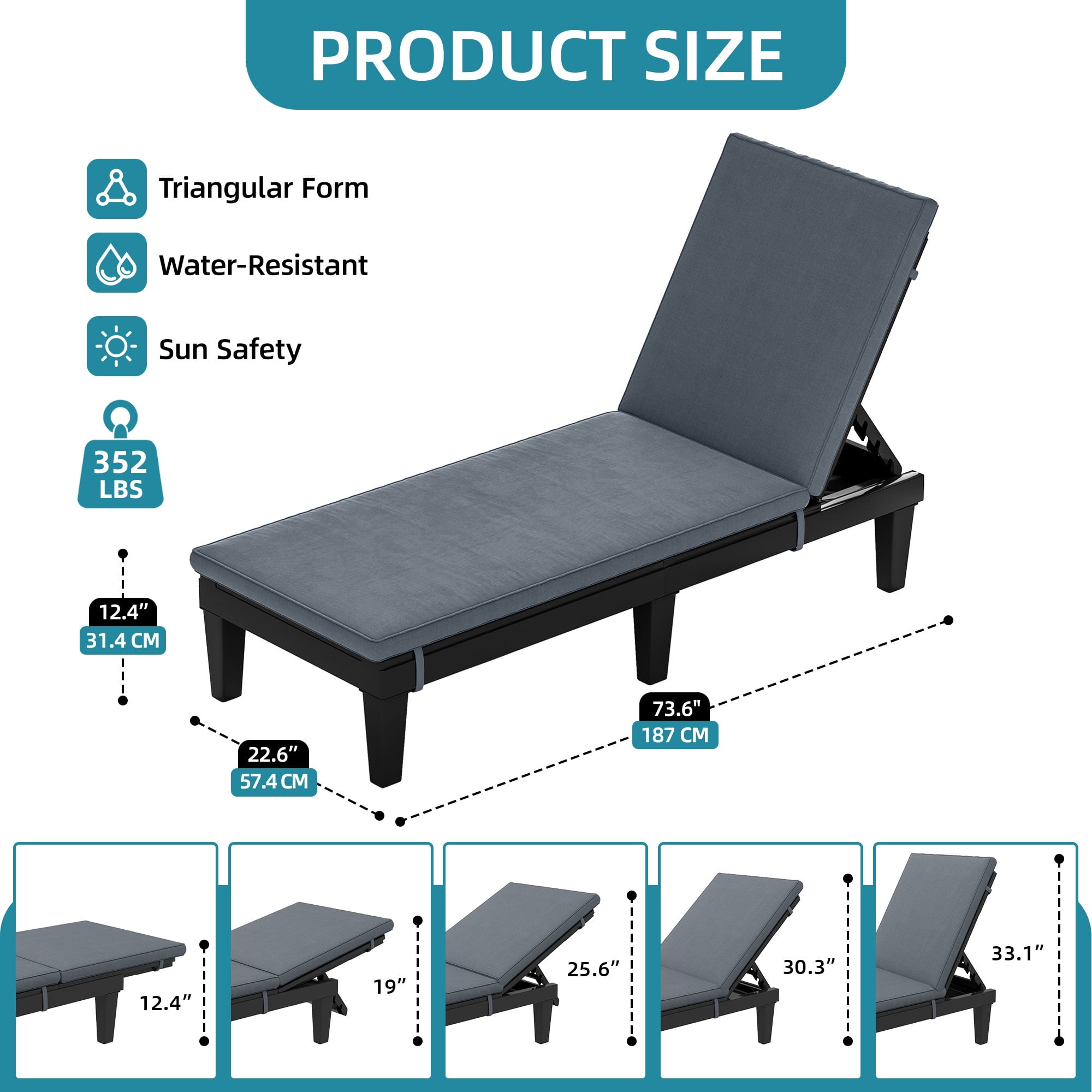 Uforic 2 Pack Adjustable Outdoor Chaise Lounge Chairs, 5-Position Reclining Plastic Pool Lounger with Soft Cushion, Waterproof Easy Assembly Patio Recliner for Poolside Backyard Garden, Grey