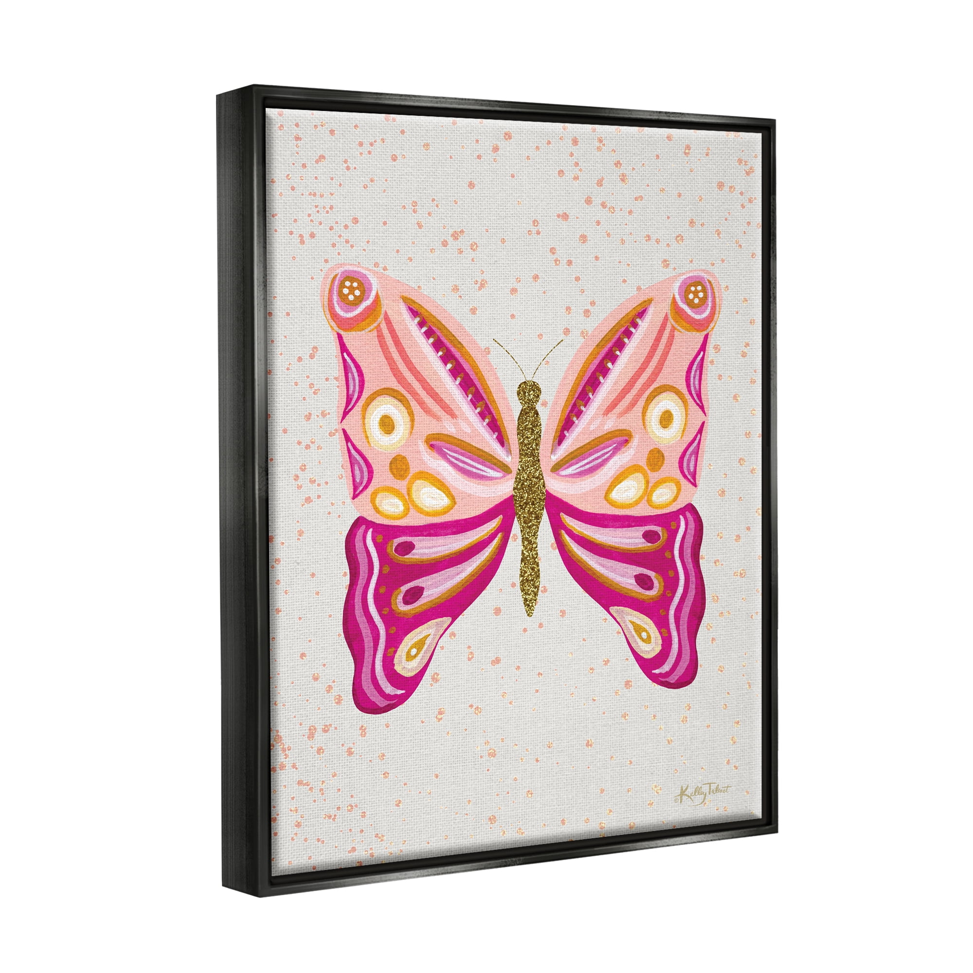 Stupell Industries Modern Glam Pink Butterfly Animals & Insects Painting Black Floater Framed Canvas Art Print Wall Art, 17 x 21