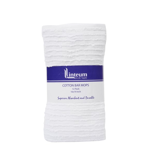 Linteum Textile Kitchen Towels 100% Cotton Ribbed Bar Mops Pack of 12 (16x19 inches) White