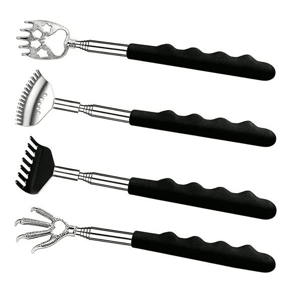 4PCS Telescoping Back Scratcher, Extendable Stainless Steel Back Scratcher with Comfortable Rubber Handles, Portable Back Massager Tool