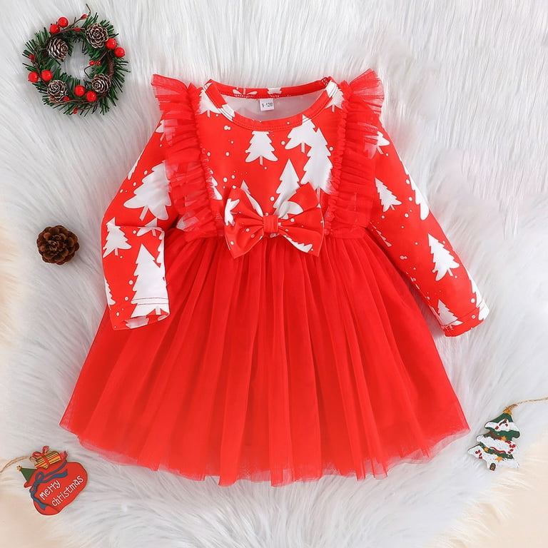toraway Cute Tween Dresses for Girls Size 14 16 Toddler Children Girls Christmas Long Sleeve Bow Tie Prints Dresses Tulle Dress Clothes 9 12 Months Walmart