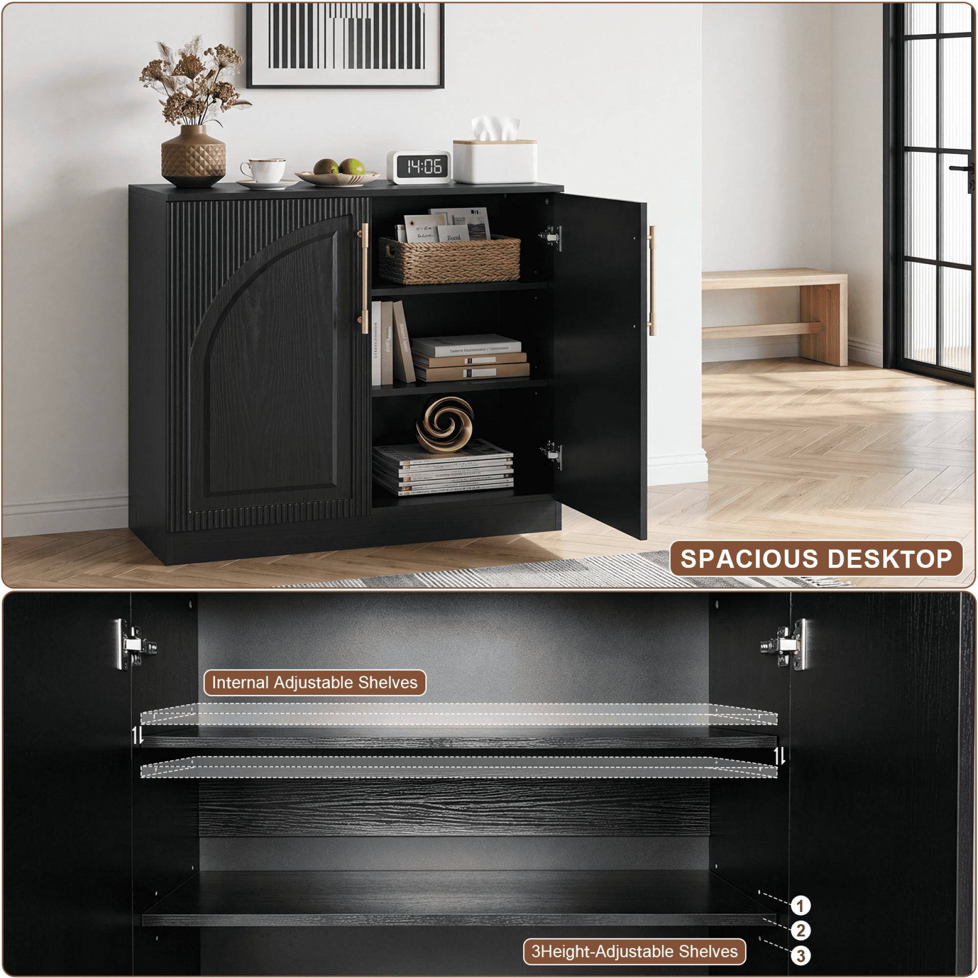 HOQBN 31.5" Modern Fluted Buffet Cabinet with Storage, Arc Sideboard Credenza, Coffee Bar Console Table for Kitchen, Dining and Living Room