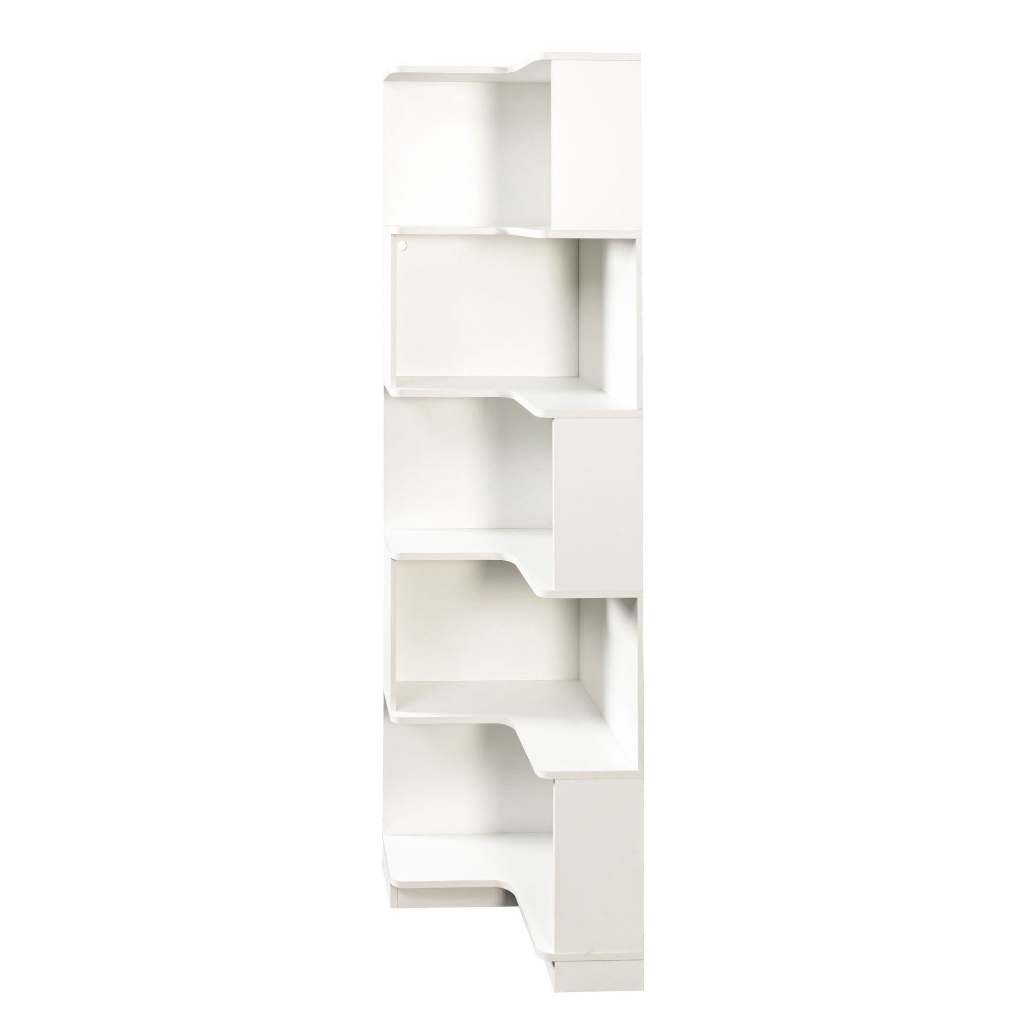 Leumius 5 Tier L Shaped Display Shelf Stand with Baffle, Freestanding Corner Bookshelf Bookcase with LED Lights for Home Office Living Room Bedroom Kitchen White