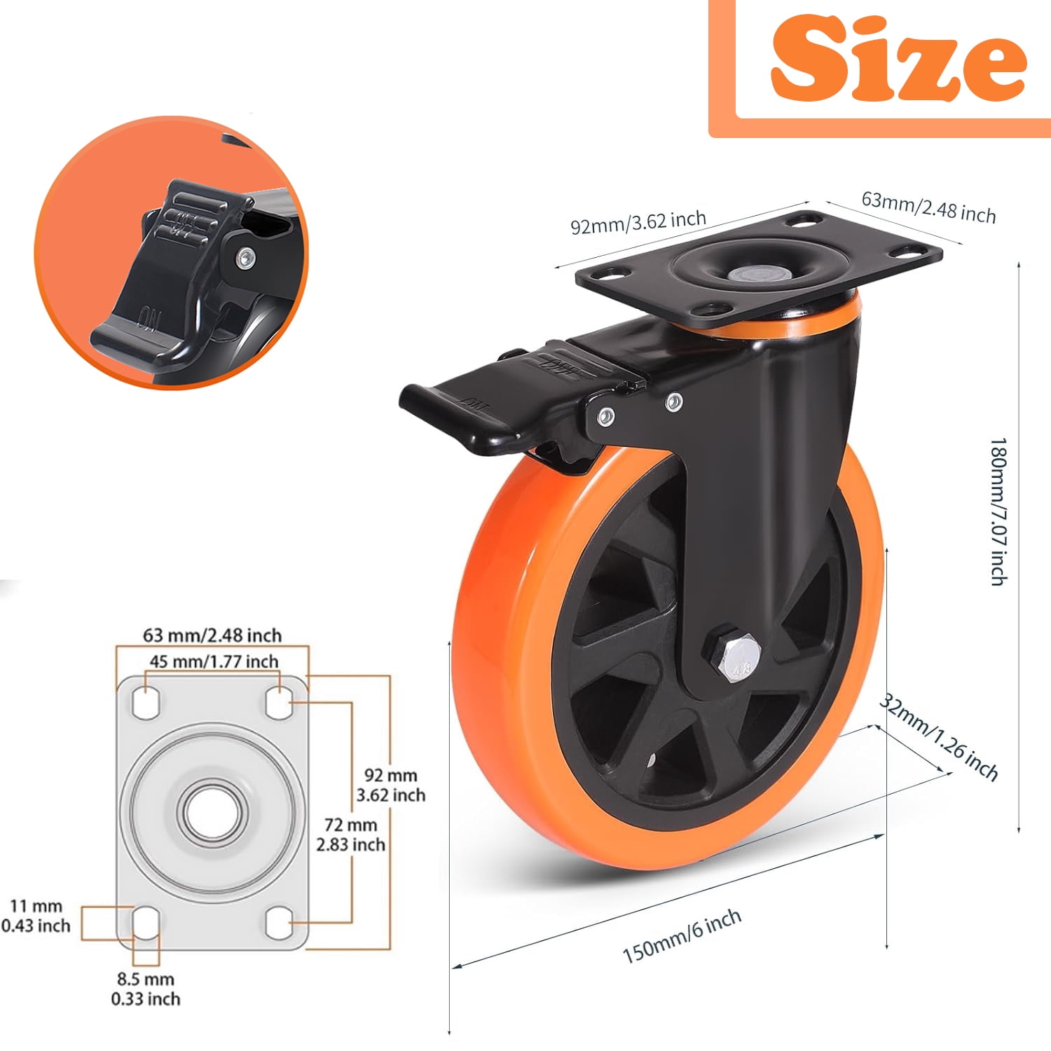 YAEMIKY 6" Caster Wheels Set of 4, Heavy Duty Plate Casters with Double Ball Bearings,Premium Polyurethane Swivel Caster Wheels for Cart,Furniture,Workbench（Hardware Included）
