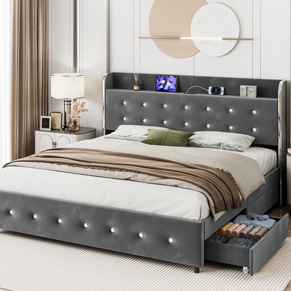 Queen Bed Frame with 4 Storage Drawers & Charging Station, Velvet Upholstered Platform Bed Frame with Storage Headboard, No Box Spring Needed, 1000lbs Support | Grey