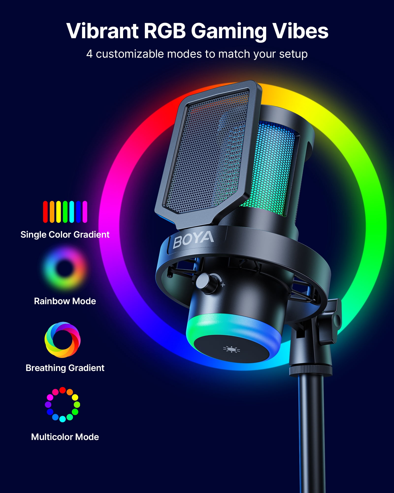 BOYA USB Gaming Microphone for Windows, MasOS, Andriod, iOS, PS4, PS5, Streaming Microphone with 9 RGB, 3.5mm Headphone, Gain Knob, Mute Button, DSP Noise Reduction, (with Desktop Stand )