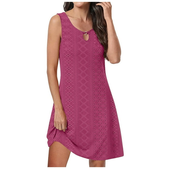 Lovskoo 2024 Women's Summer Dresses Eyelet Sleeveless Shift Dress Keyhole Neck Elegant Tunic Dress Casual Tshirt Sundresses Vacation Beach Cover Up Dress Hot Pink 2XL