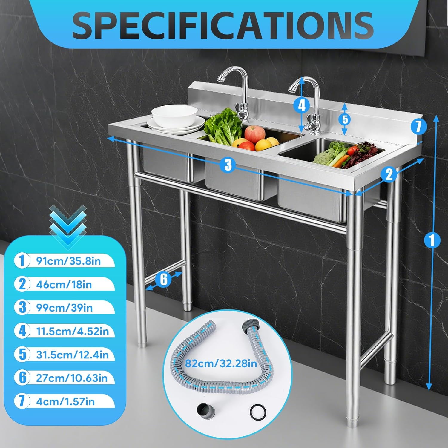 3-Compartment Sink, 39'' x 18'' x 36'' Stainless Steel Utility Sink, Free Standing Three Bowl Kitchen Sink Set with 2 Faucets Hot & Cold Water Pipes for Food Truck, Bar, Restaurant
