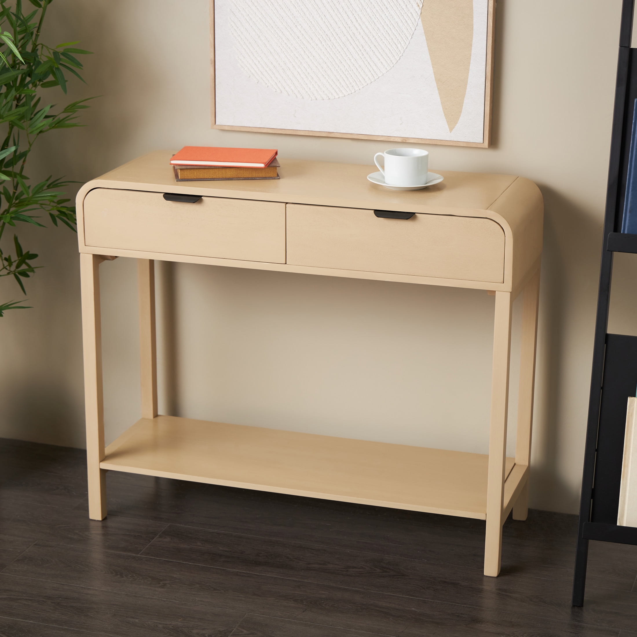 DecMode 36" x 30" Beige Wood Handmade 2 Drawer Console Table with Black Handles, 1-Piece