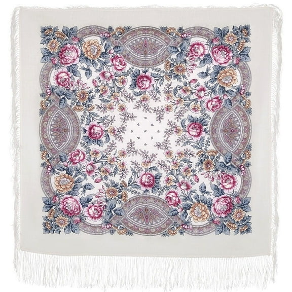 Pavlovo Posad Crane Wool Shawl 35x35'' (89x89 cm) 100% Wool Wrap with Silk Fringe Fashion Shawl for Women Floral Merino Wool Scarf in Gray and Lilac