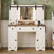 Farmhouse Makeup Vanity Desk with Lighted Hollywood Mirror and Storage for Bedroom,Large Vanity Desk with Charging Station, Dressing Table with Shelves & 3 Drawers & 2 Cabinets, Lights Adjustable