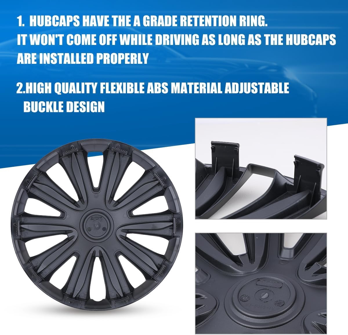 4Pcs Set 16" Universal Hubcaps Wheel Rim Covers for Steel Wheels,Snap on Installation,Black Matte