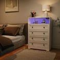 thumbnail image 3 of 4 Drawer Wooden Dressers for Bedroom with LED Lights & Charging Station, Modern Nightstand for Bedside, Wood Chest of Drawers Storage Organizer for Living Room, Hallway, Closet (White), 3 of 9