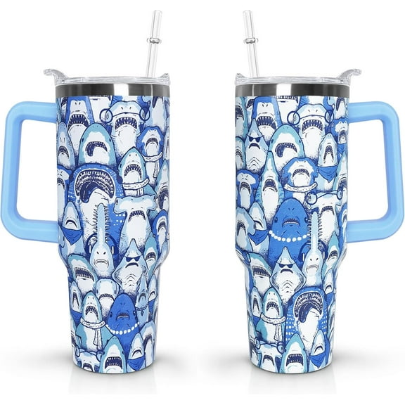 40 oz Funny Shark Tumbler with Handle and Straw Lid Gift Ideas for Shark Themed Lovers Adults Double Insulated Cup Travel Coffee Mug