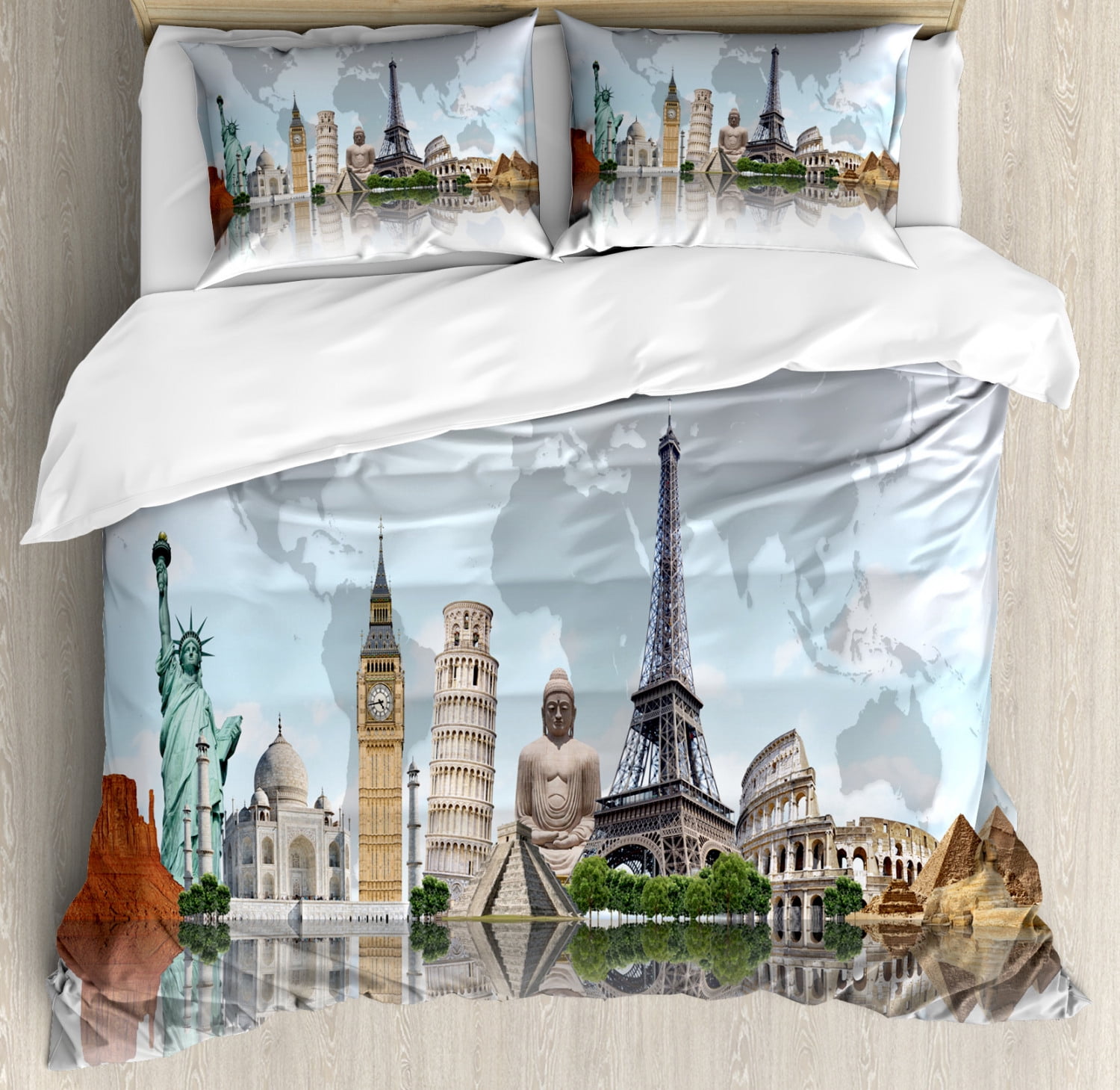 World Map Duvet Cover Set King Size, Wonders of the World Themed ...