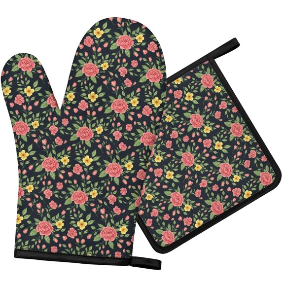 Pioneer Flower Floral Print Pattern 1-Pack Oven Mitts Set, Heat Resistant Kitchen Gloves, 7.7" X 12"