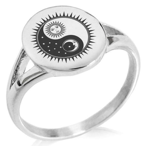 Tioneer Stainless Steel Sun & Moon Yin Yang Minimalist Oval Top Polished Statement Signet Ring