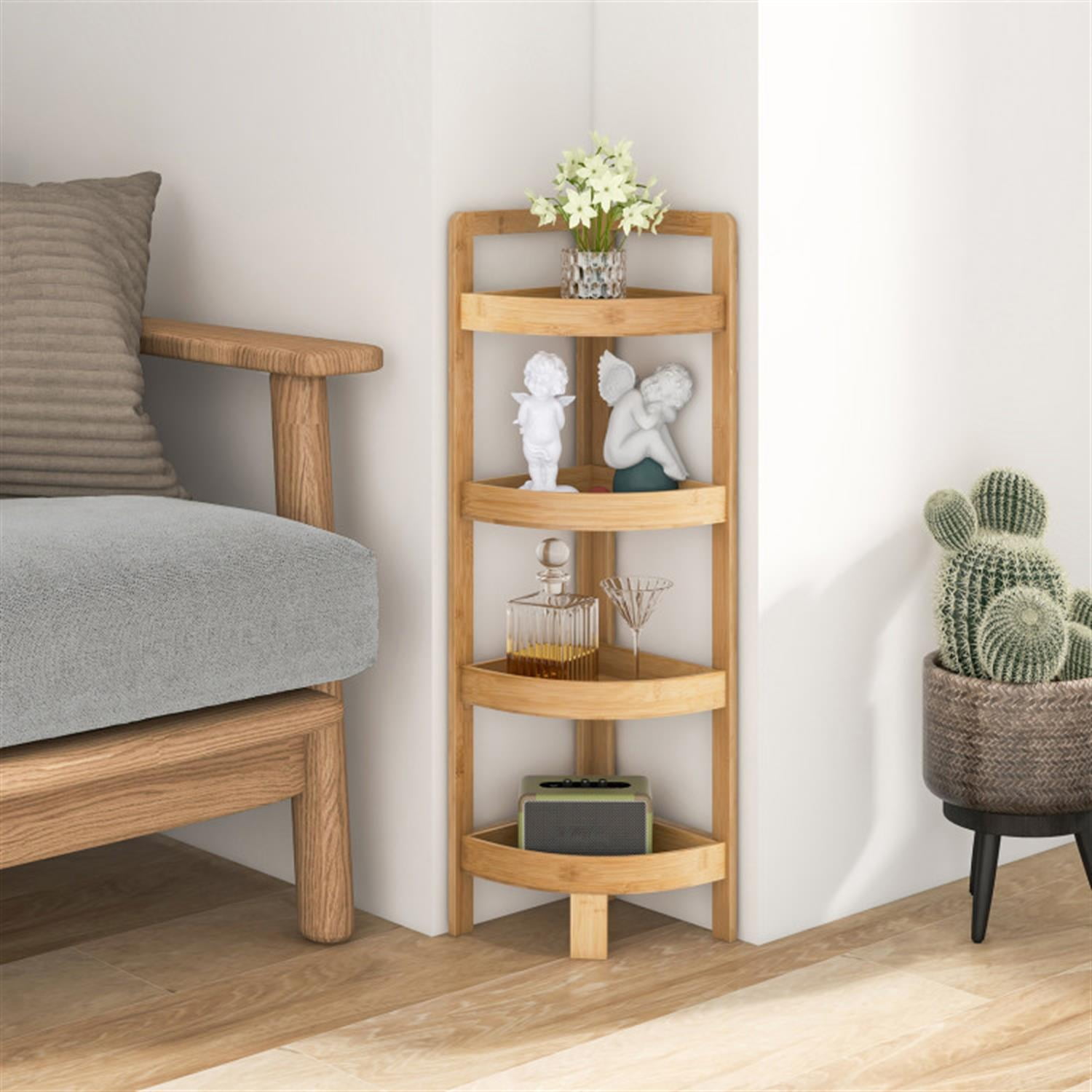 Demi Bonn 31" Corner Shelf, 4-Tier Freestanding Bamboo Display Shelving Tower, Storage Organizer Shelving Unit for Living Room, Bathroom, Kitchen and Office, Beige