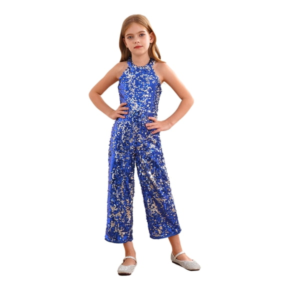 Sinleey Kids Girls Shiny Sequins Dance Romper Halter Neck Sleeveless Jumpsuit Prom Outfits Wide Long Pants Playsuit Royal Blue 12