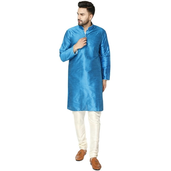 SKAVIJ Men's Art Silk Kurta Pajama Set Indian Traditional Wear Dress Turquoise XL