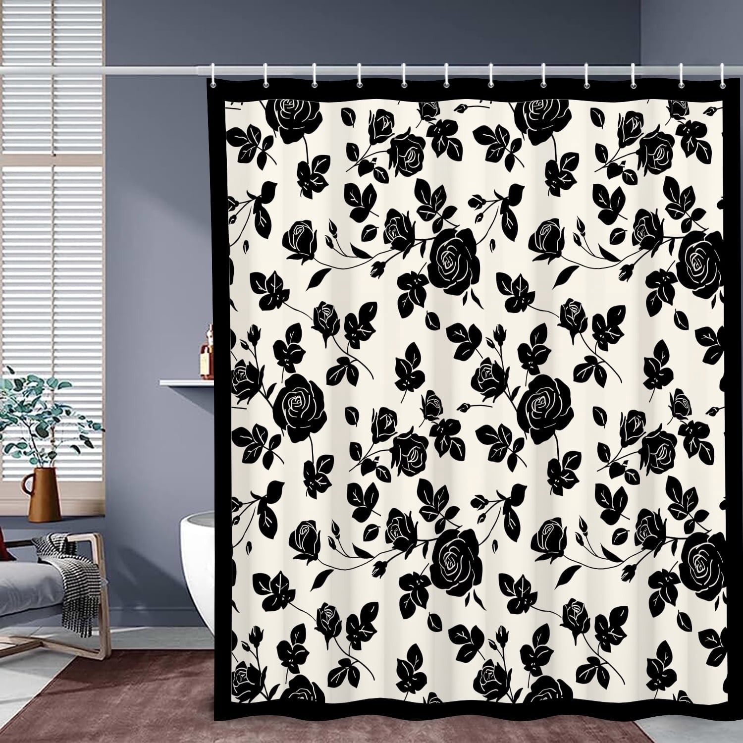 MIZHONA Black and White Floral Shower Curtain Vintage Rose Print Waterproof Fabric Bathroom Curtain 72x72 in
