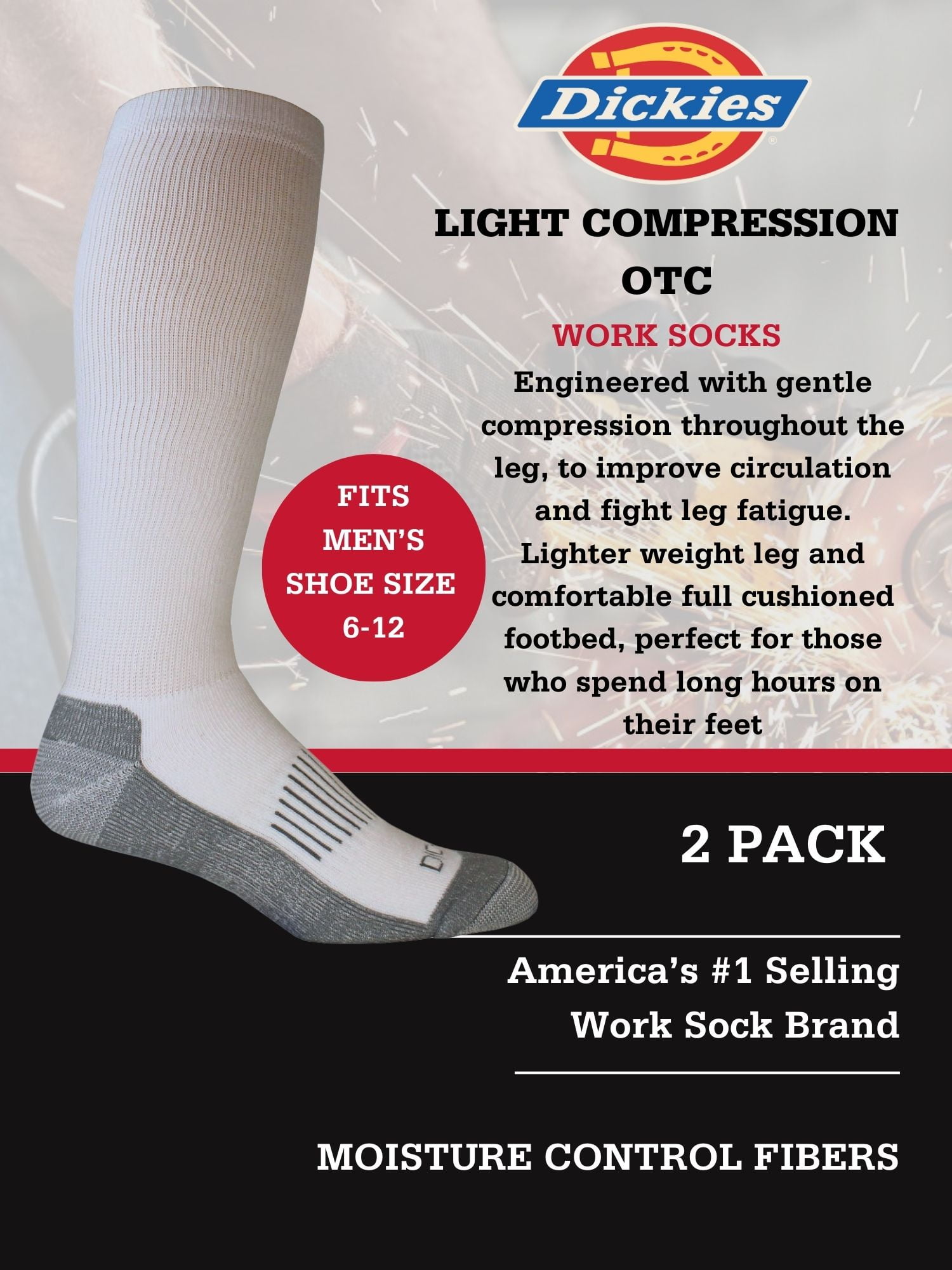 Dickies Performance OTC Compression Socks Mid-Calf, Athletic, White, 2 pack, Shoe Size 6-12