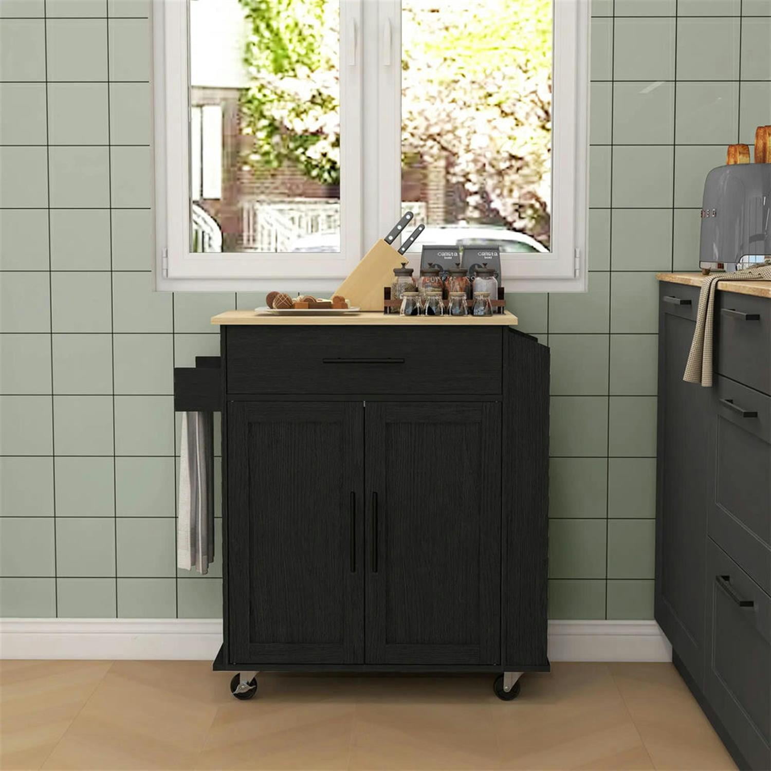 Demi Bonn 34" Kitchen Island Cart on Wheels with Storage, Rolling Dining Room Serving Utility Carts Mobile Movable with Power Outlets and Drawer for Dining Room, Black